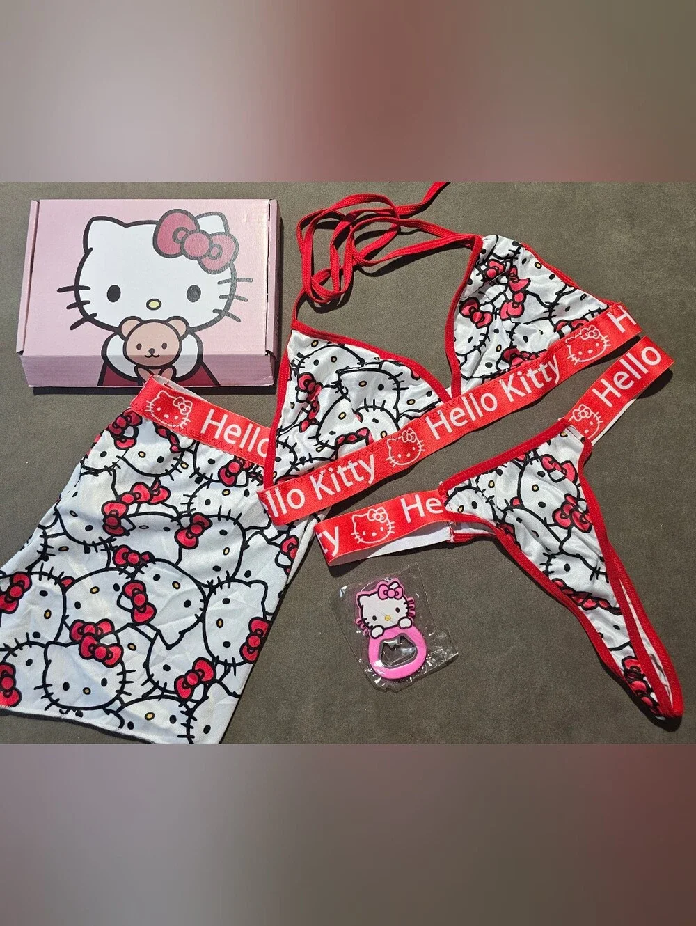 HK Red & White Printed Bralette and Thong Set With Bottle Openers - Small